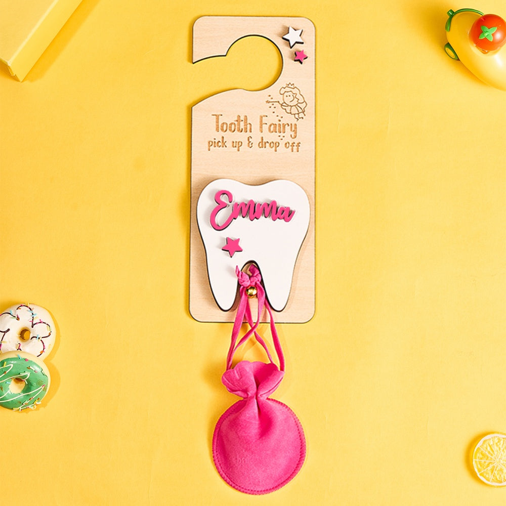 Personalised Tooth Fairy Door Hanger with Money Slot and Velvet Pouch
