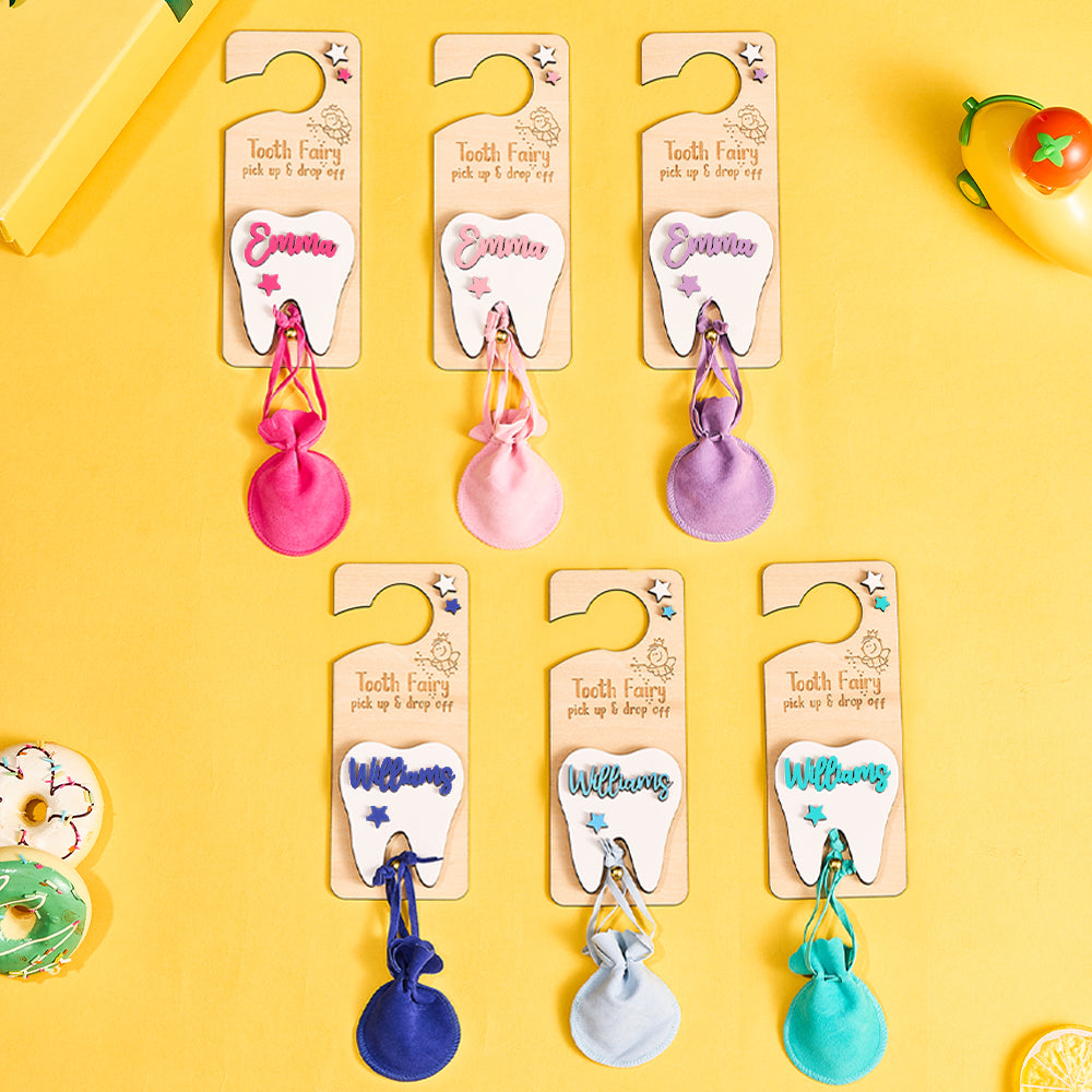 Personalised Tooth Fairy Door Hanger with Money Slot and Velvet Pouch