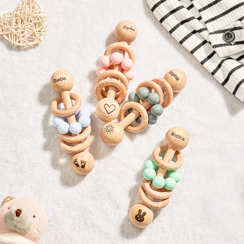 Personalised Wooden Baby Rattle with Engraved Name Toy Shower Birthday Gift for Baby