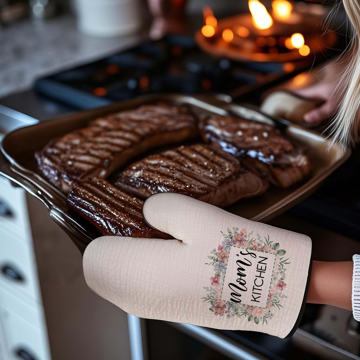 Personalised Flower Insulation Oven Mitt and Pot Holder Set with Text Kitchen Decor Gift for Mam
