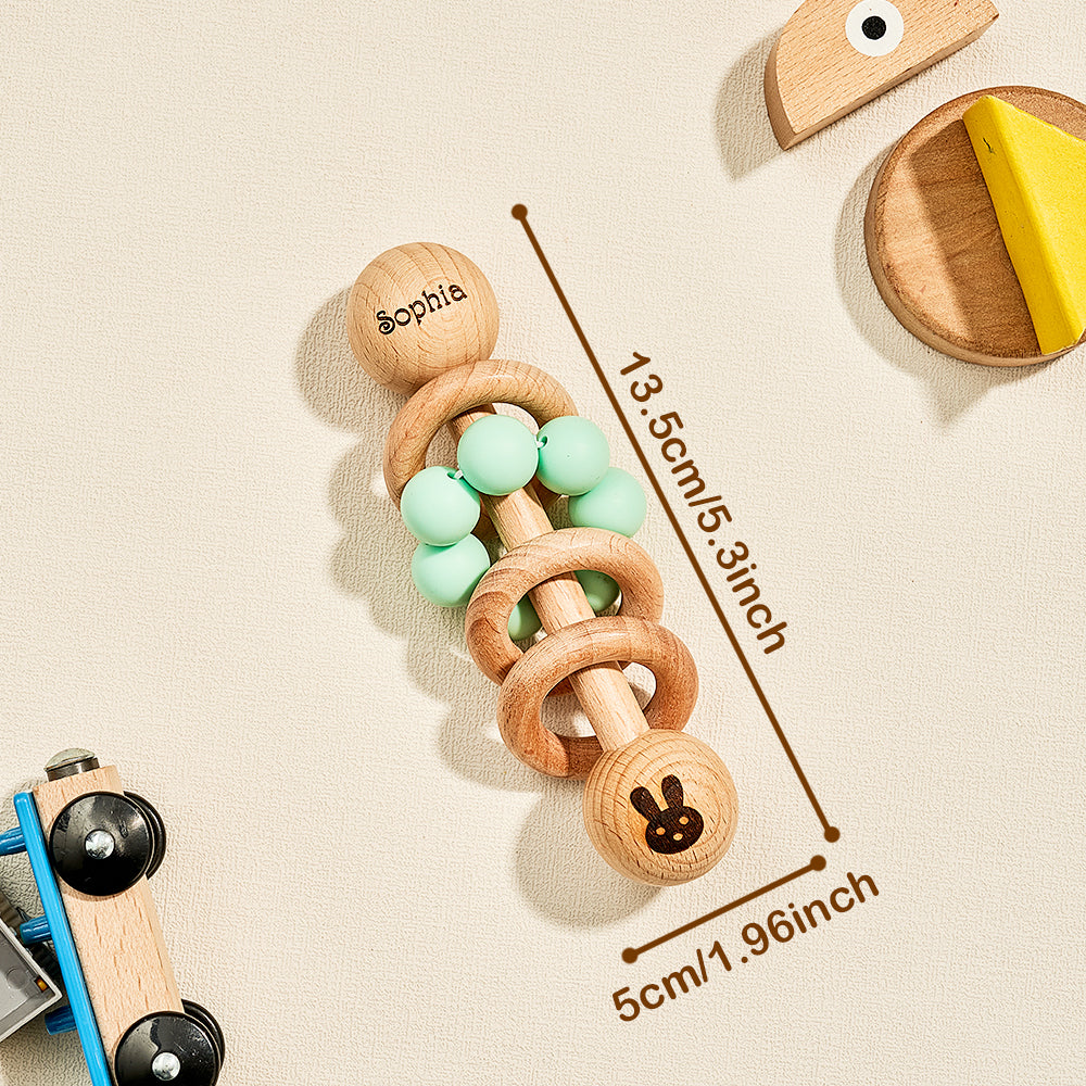 Personalised Wooden Baby Rattle with Engraved Name Toy Shower Birthday Gift for Baby