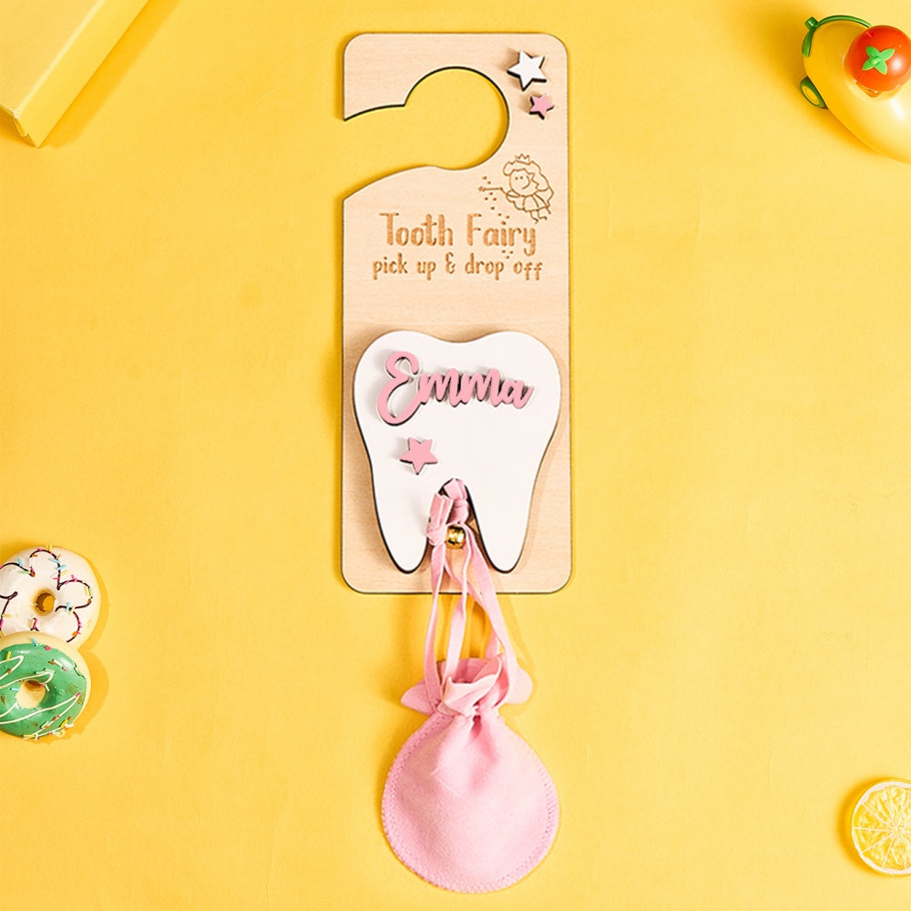 Personalised Tooth Fairy Door Hanger with Money Slot and Velvet Pouch