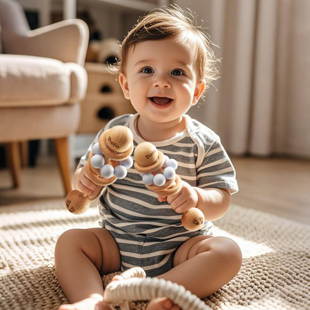 Personalised Wooden Baby Rattle with Engraved Name Toy Shower Birthday Gift for Baby