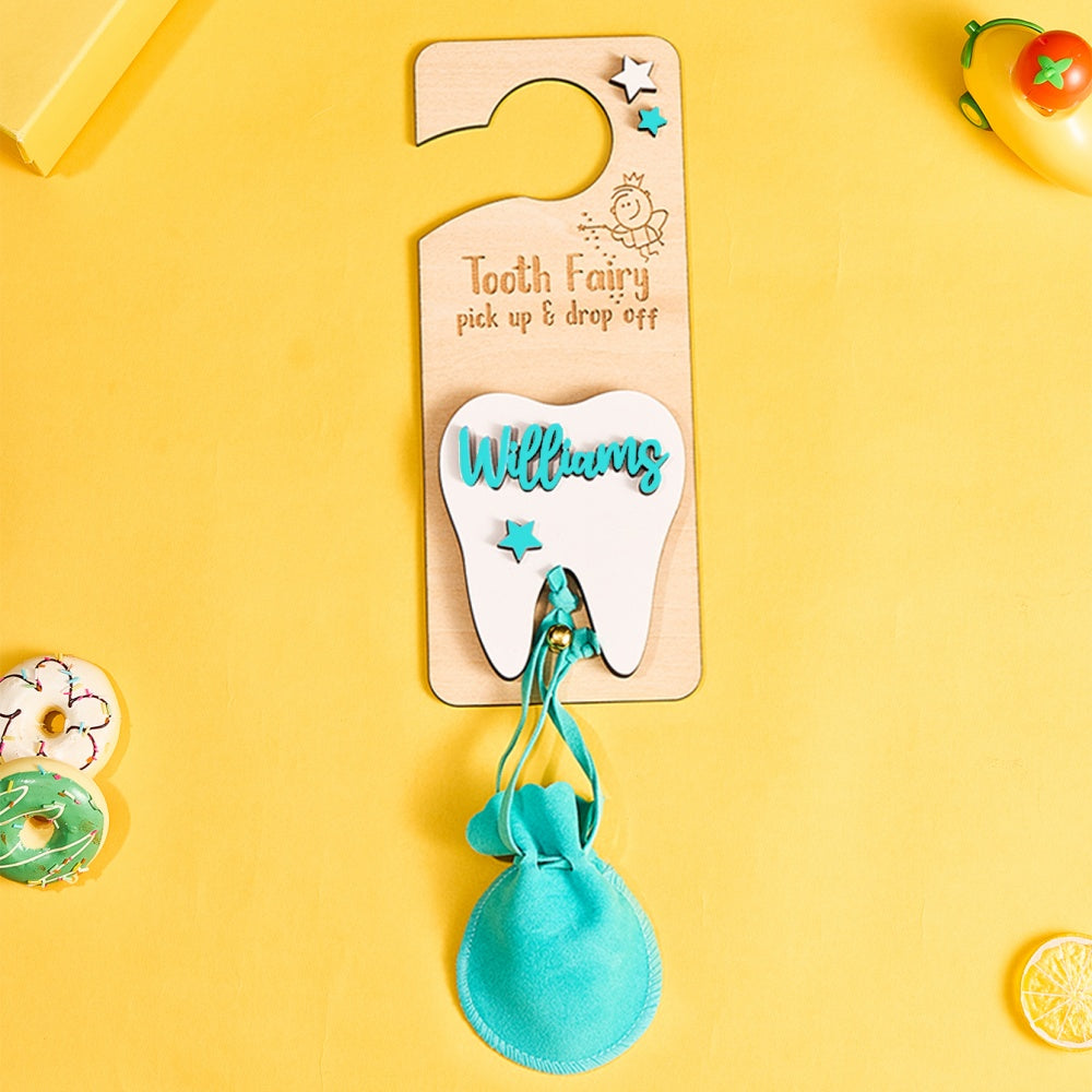 Personalised Tooth Fairy Door Hanger with Money Slot and Velvet Pouch