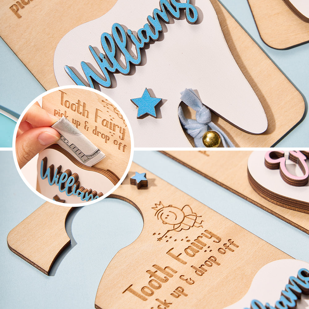 Personalised Tooth Fairy Door Hanger with Money Slot and Velvet Pouch