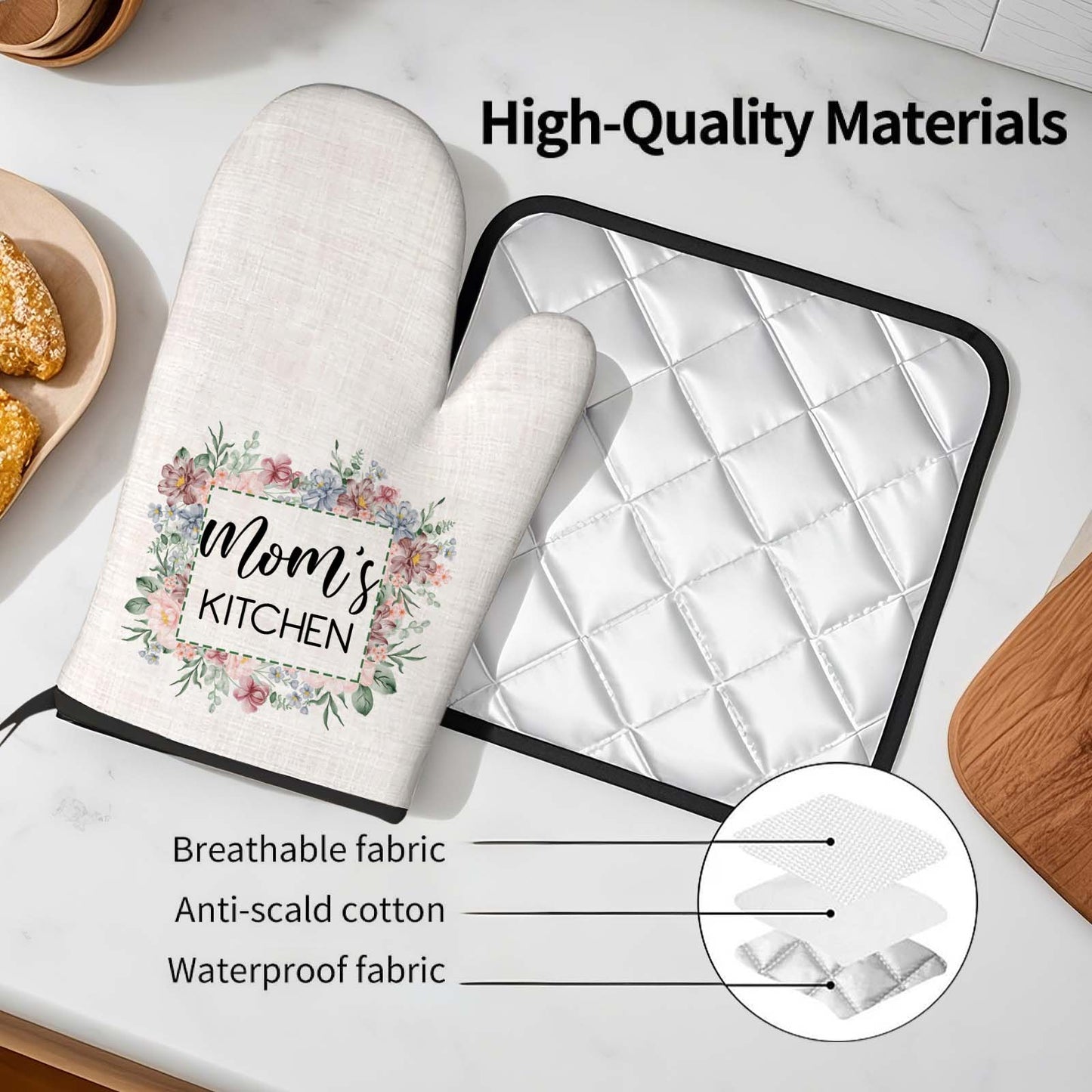 Personalised Flower Insulation Oven Mitt and Pot Holder Set with Text Kitchen Decor Gift for Mam
