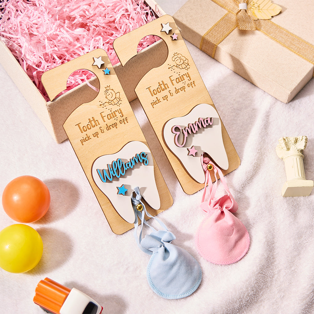 Personalised Tooth Fairy Door Hanger with Money Slot and Velvet Pouch