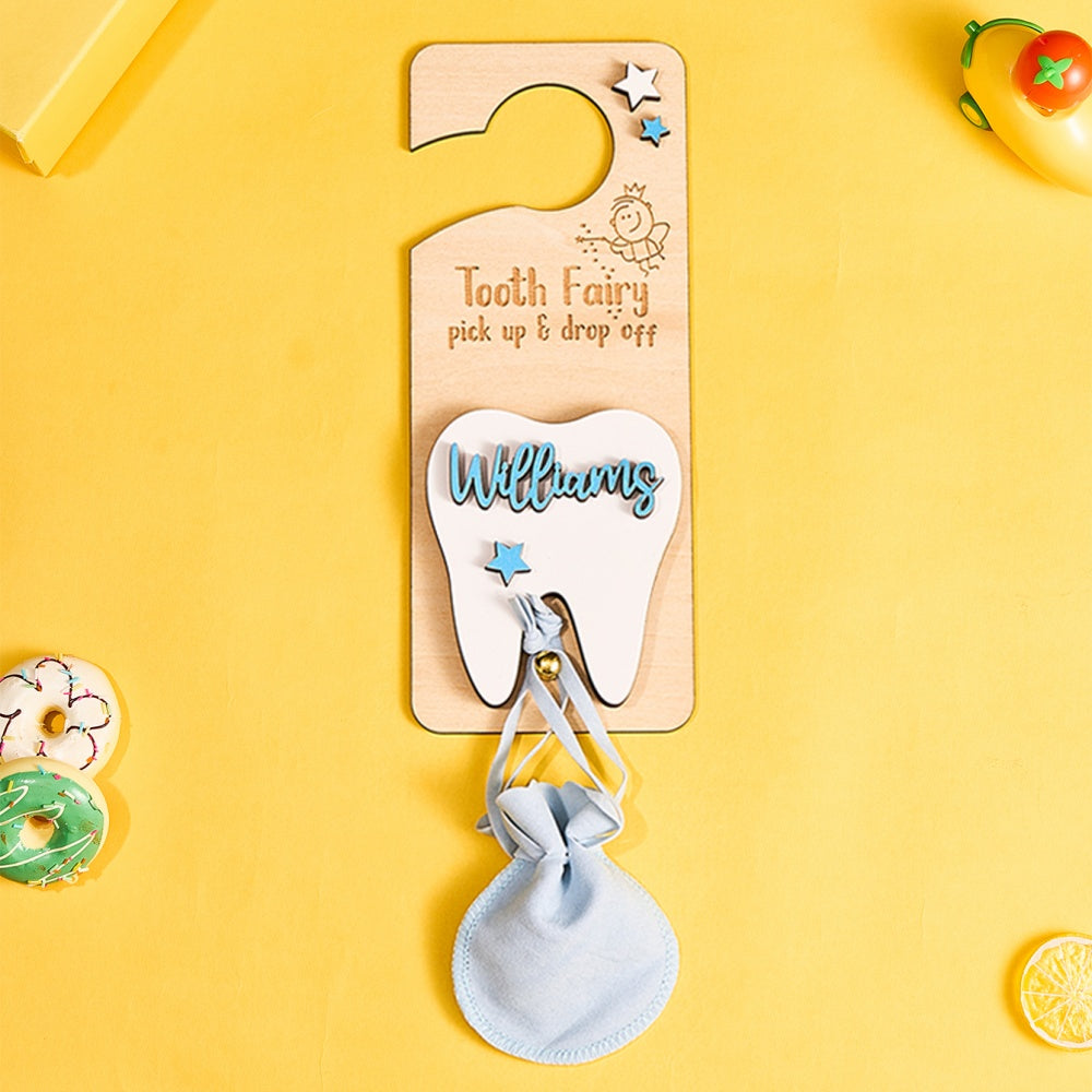 Personalised Tooth Fairy Door Hanger with Money Slot and Velvet Pouch