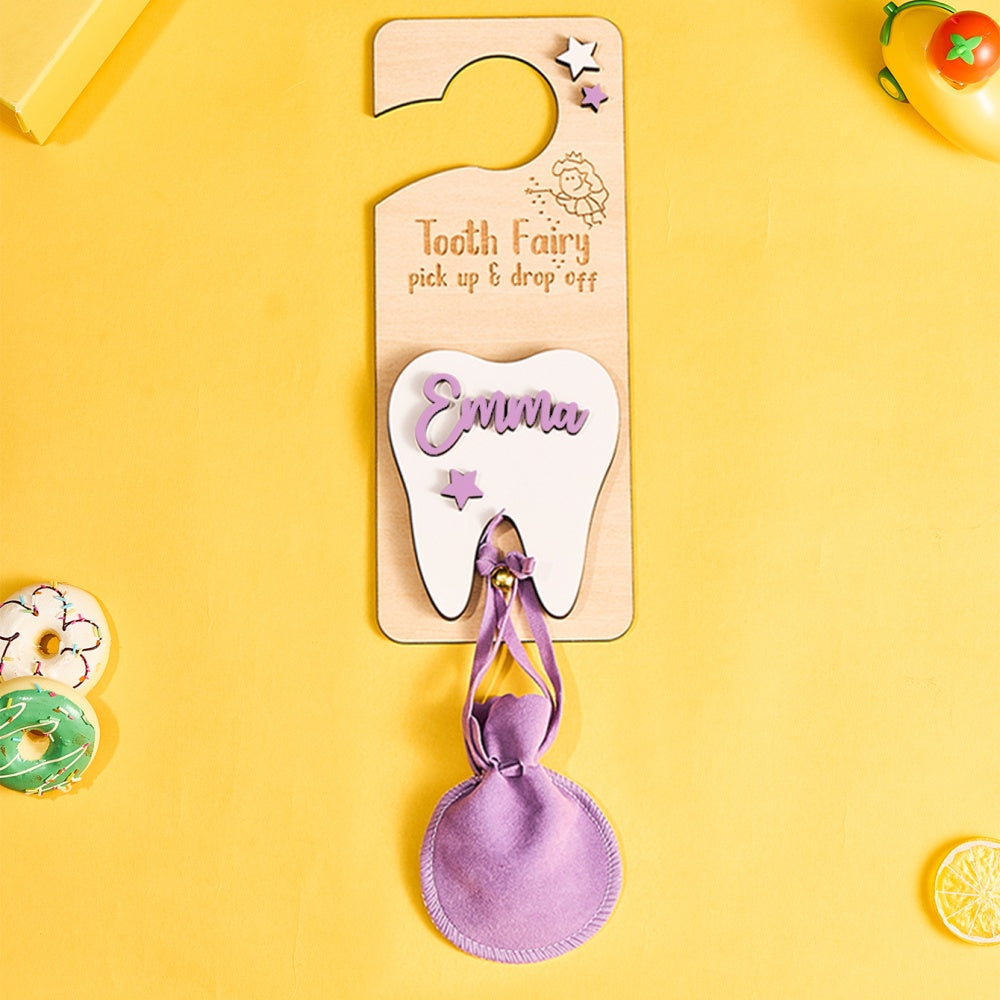 Personalised Tooth Fairy Door Hanger with Money Slot and Velvet Pouch