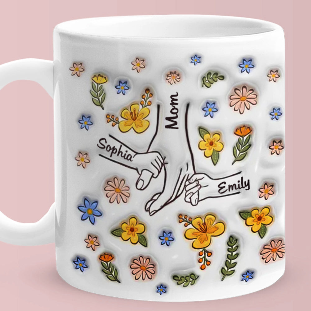 Personalised Names Engraved Hand in Hand Mug with Floral Mother's Day Gifts