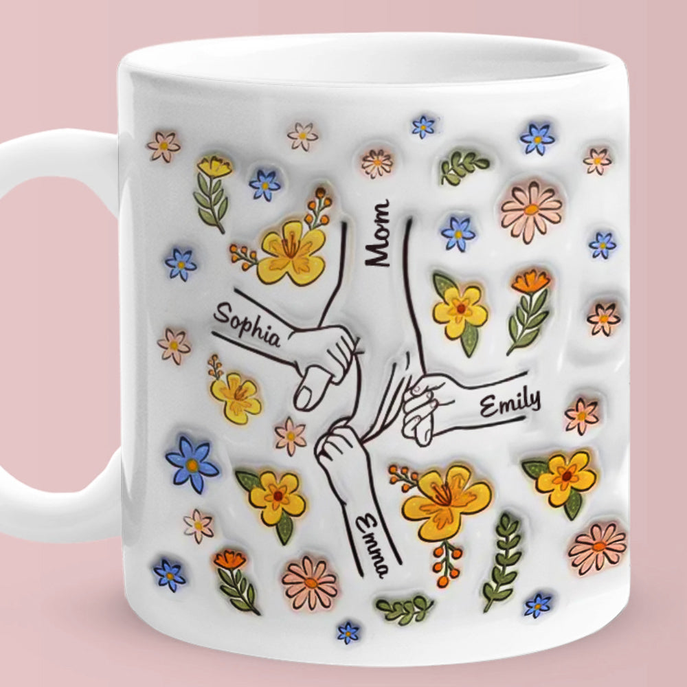 Personalised Names Engraved Hand in Hand Mug with Floral Mother's Day Gifts