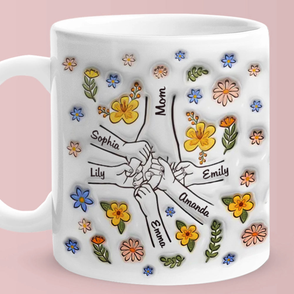 Personalised Names Engraved Hand in Hand Mug with Floral Mother's Day Gifts