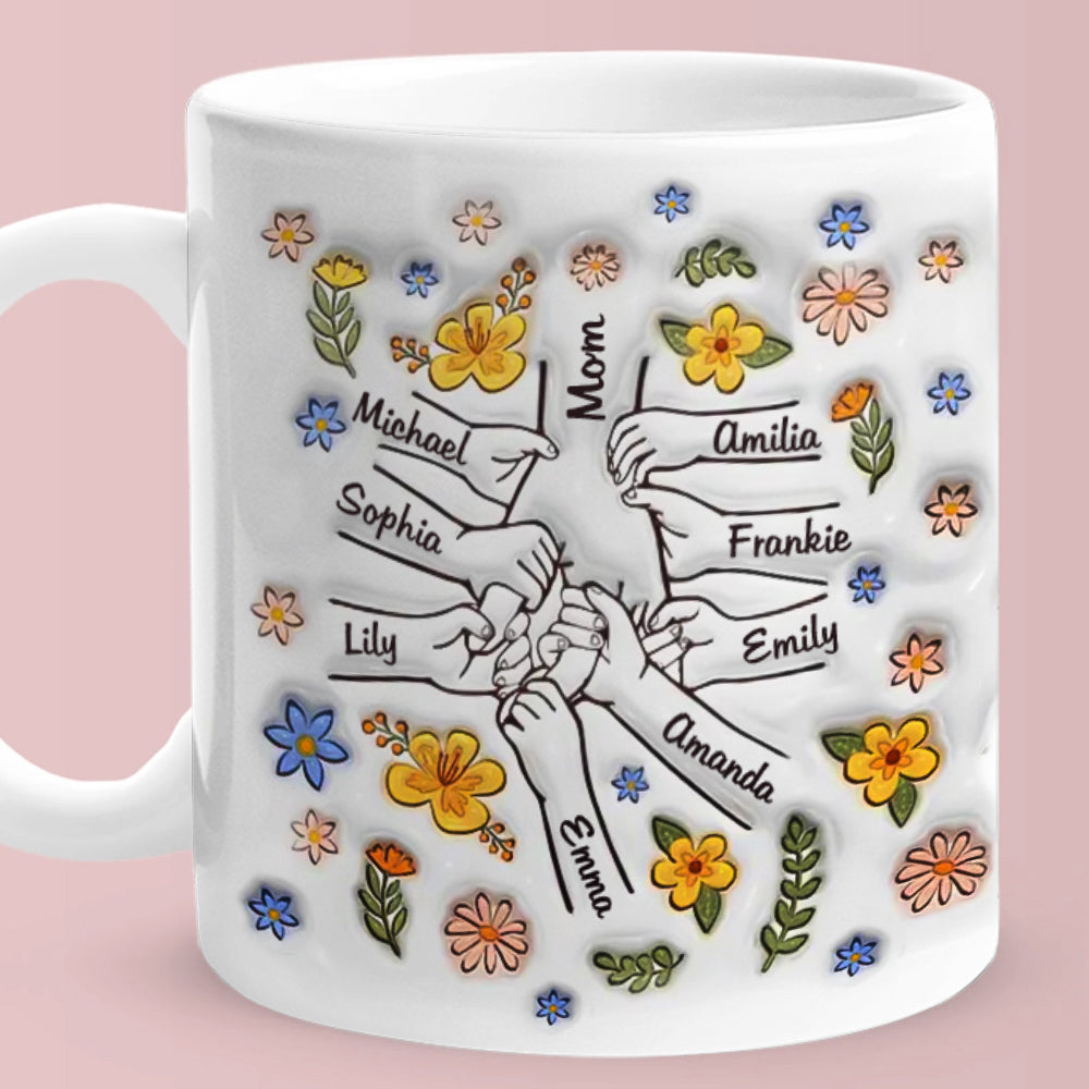 Personalised Names Engraved Hand in Hand Mug with Floral Mother's Day Gifts