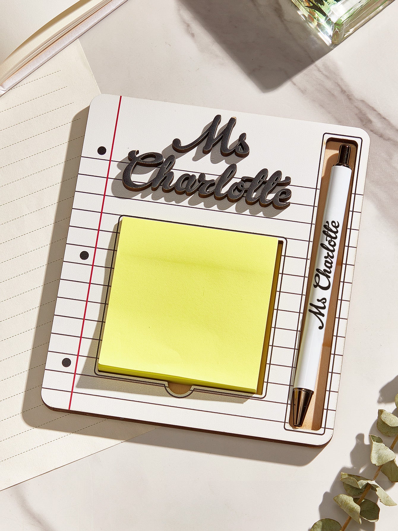 Personalised Name Sticky Note Wooden Holder with Pen Appreciation Gift for Teacher