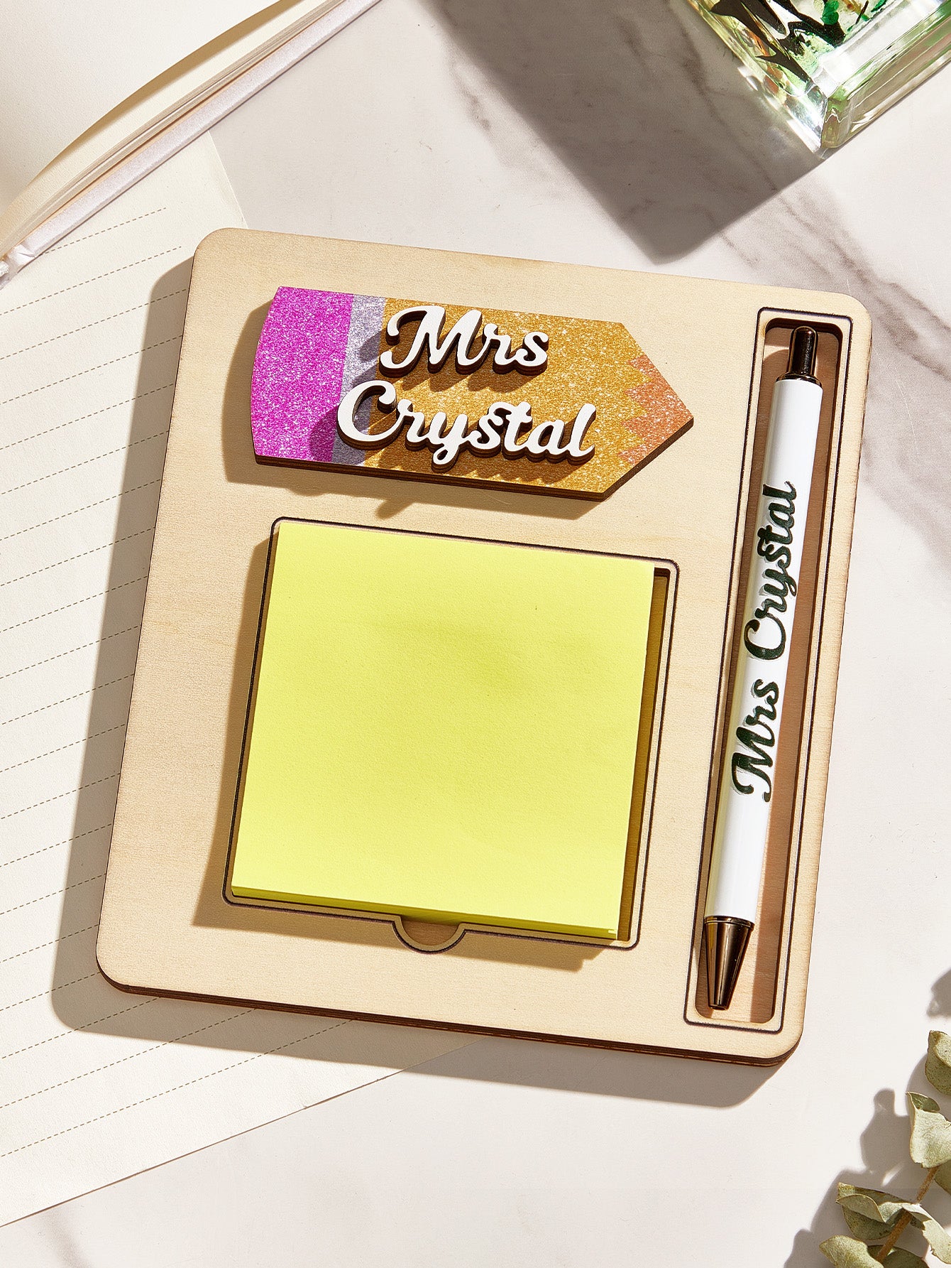 Personalised Name Sticky Note Wooden Holder with Pen Appreciation Gift for Teacher