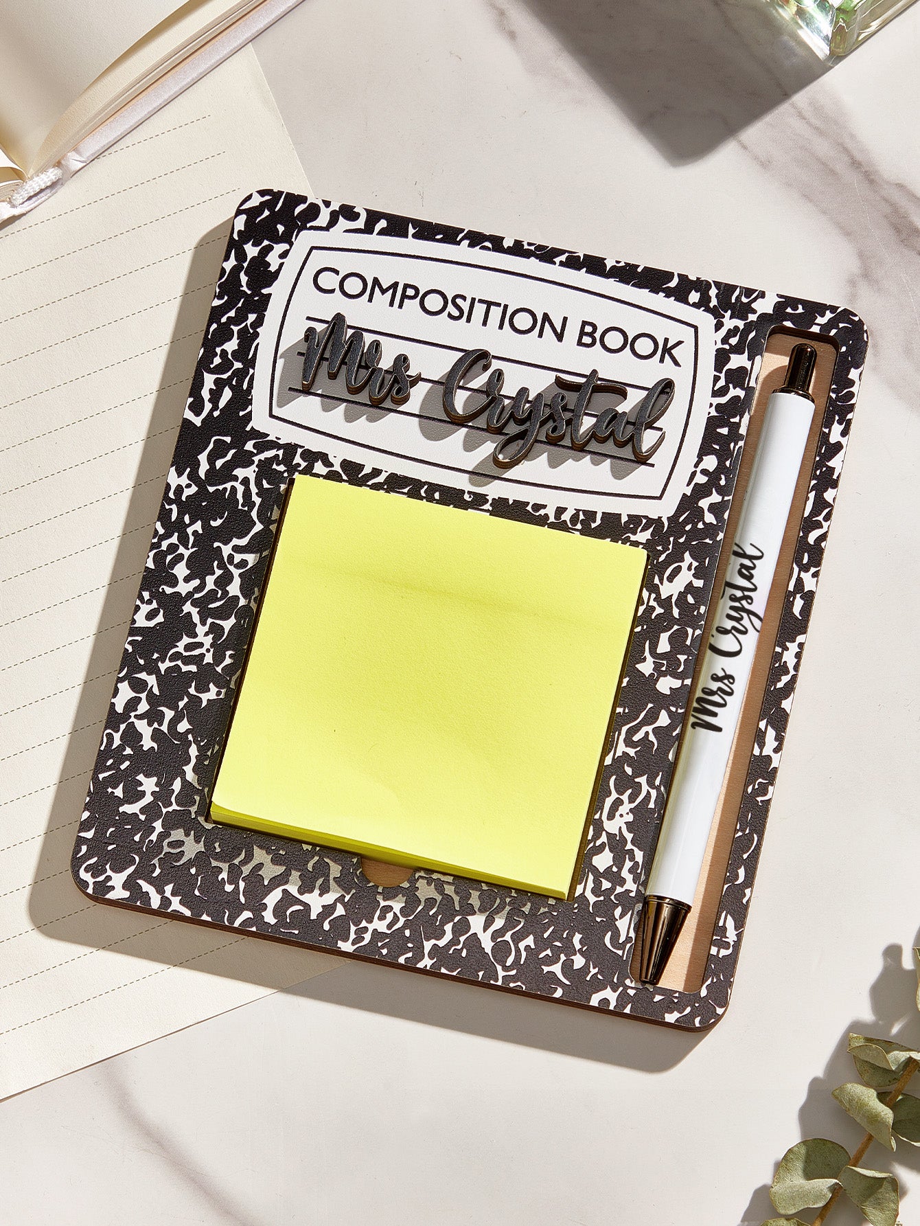 Personalised Name Sticky Note Wooden Holder with Pen Appreciation Gift for Teacher