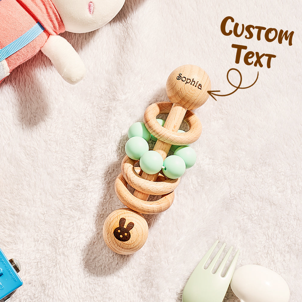 Personalised Wooden Baby Rattle with Engraved Name Toy Shower Birthday Gift for Baby