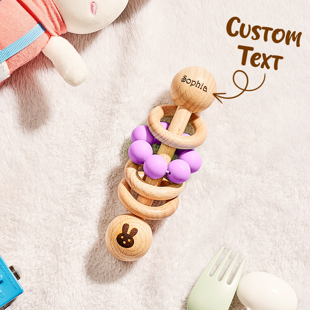 Personalised Wooden Baby Rattle with Engraved Name Toy Shower Birthday Gift for Baby