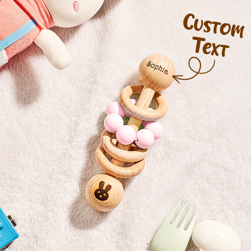 Personalised Wooden Baby Rattle with Engraved Name Toy Shower Birthday Gift for Baby