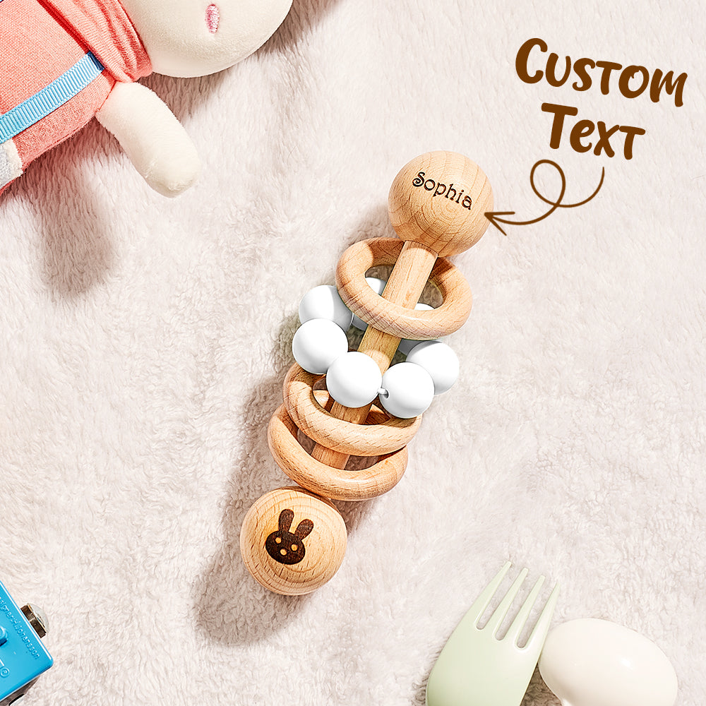 Personalised Wooden Baby Rattle with Engraved Name Toy Shower Birthday Gift for Baby