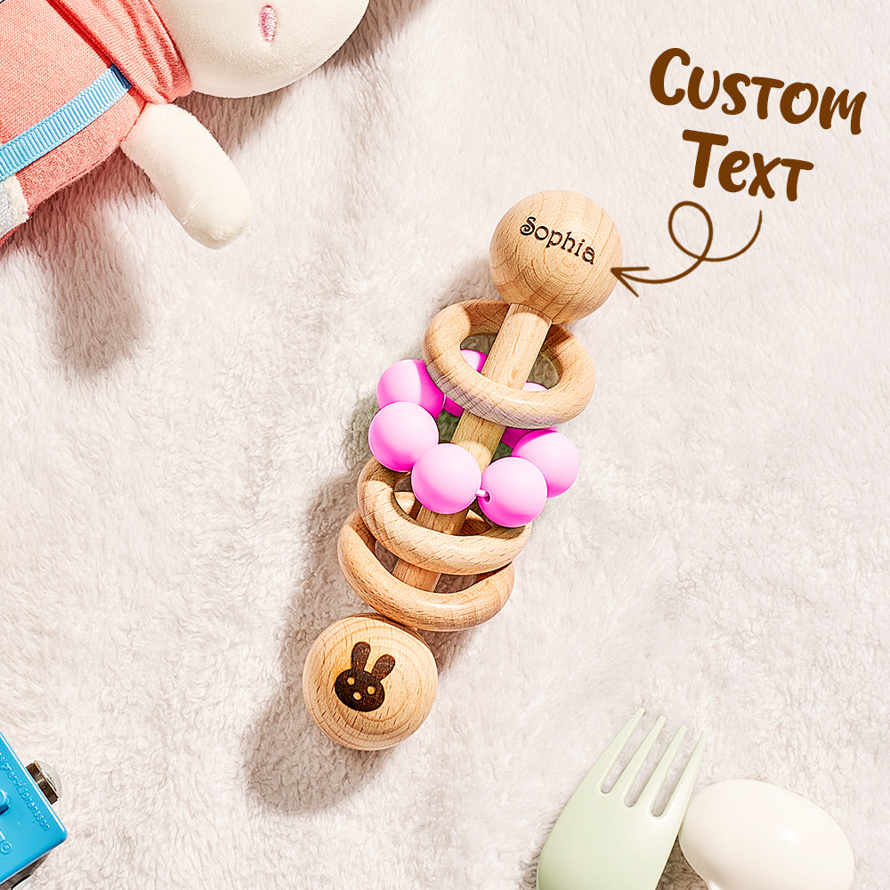 Personalised Wooden Baby Rattle with Engraved Name Toy Shower Birthday Gift for Baby