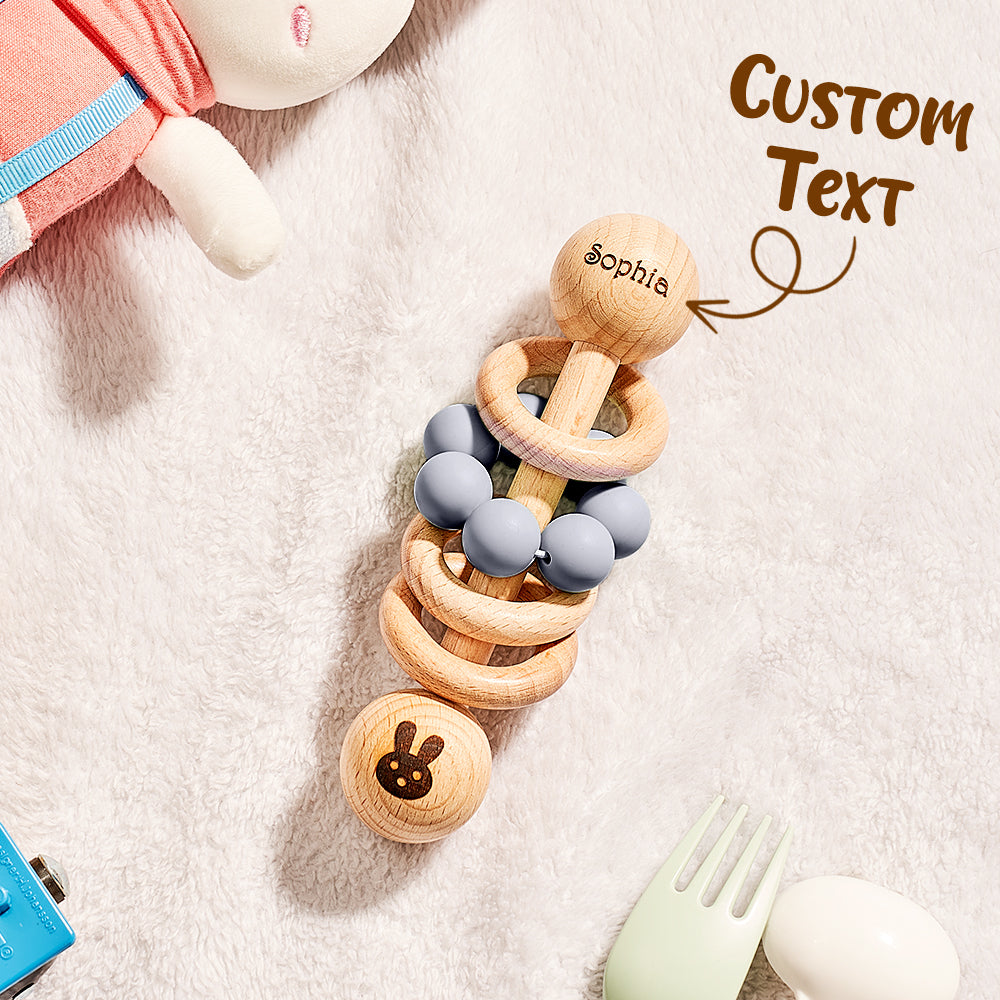 Personalised Wooden Baby Rattle with Engraved Name Toy Shower Birthday Gift for Baby