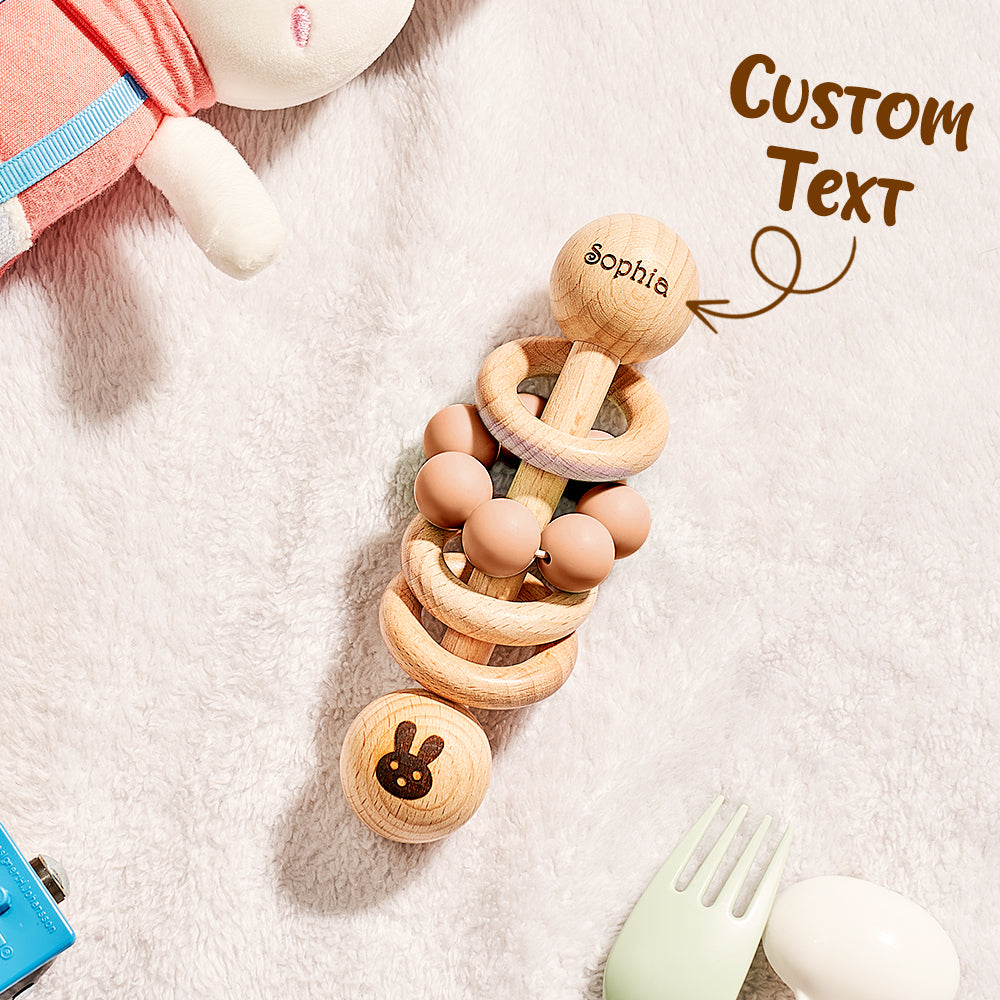Personalised Wooden Baby Rattle with Engraved Name Toy Shower Birthday Gift for Baby