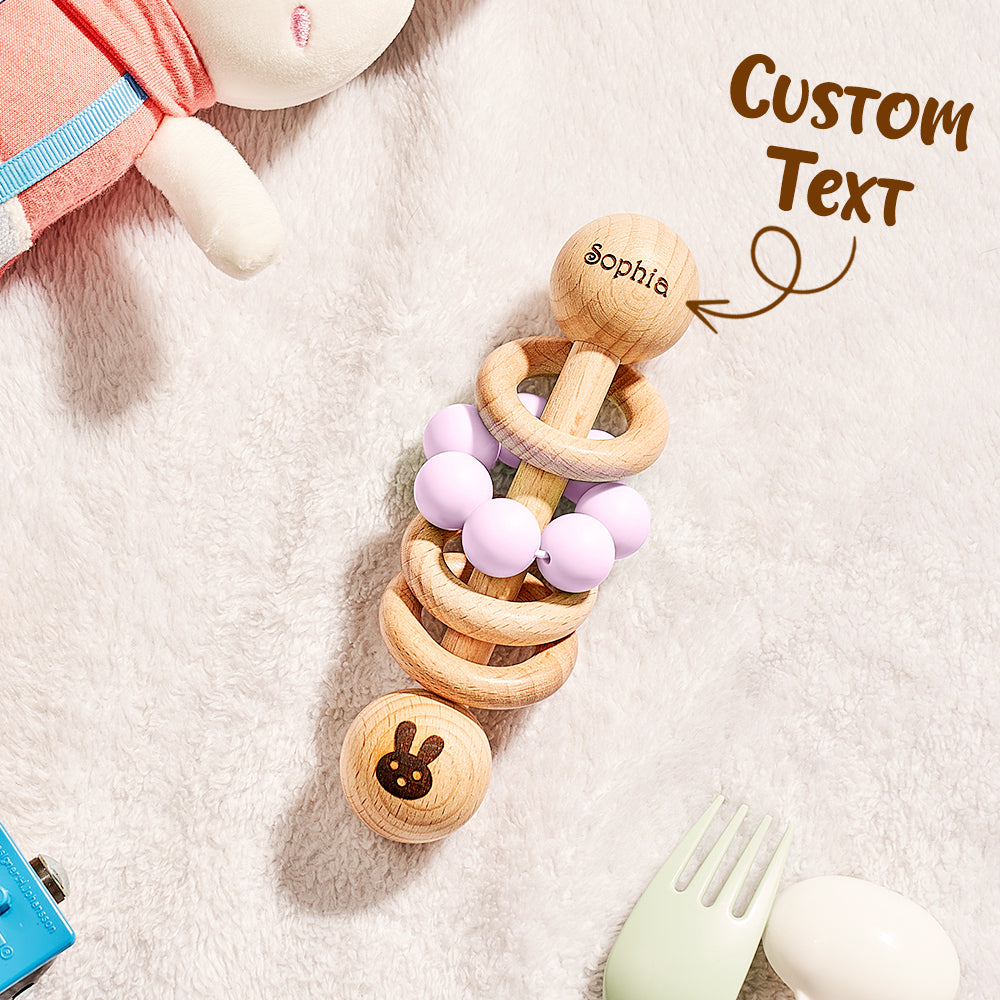 Personalised Wooden Baby Rattle with Engraved Name Toy Shower Birthday Gift for Baby