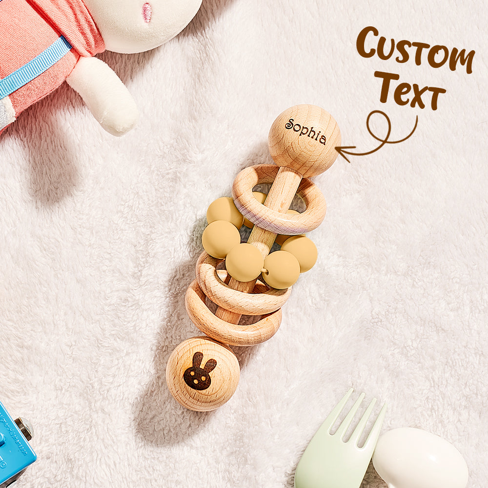 Personalised Wooden Baby Rattle with Engraved Name Toy Shower Birthday Gift for Baby