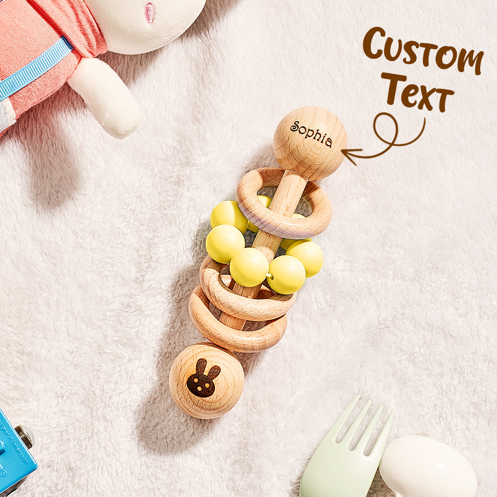 Personalised Wooden Baby Rattle with Engraved Name Toy Shower Birthday Gift for Baby
