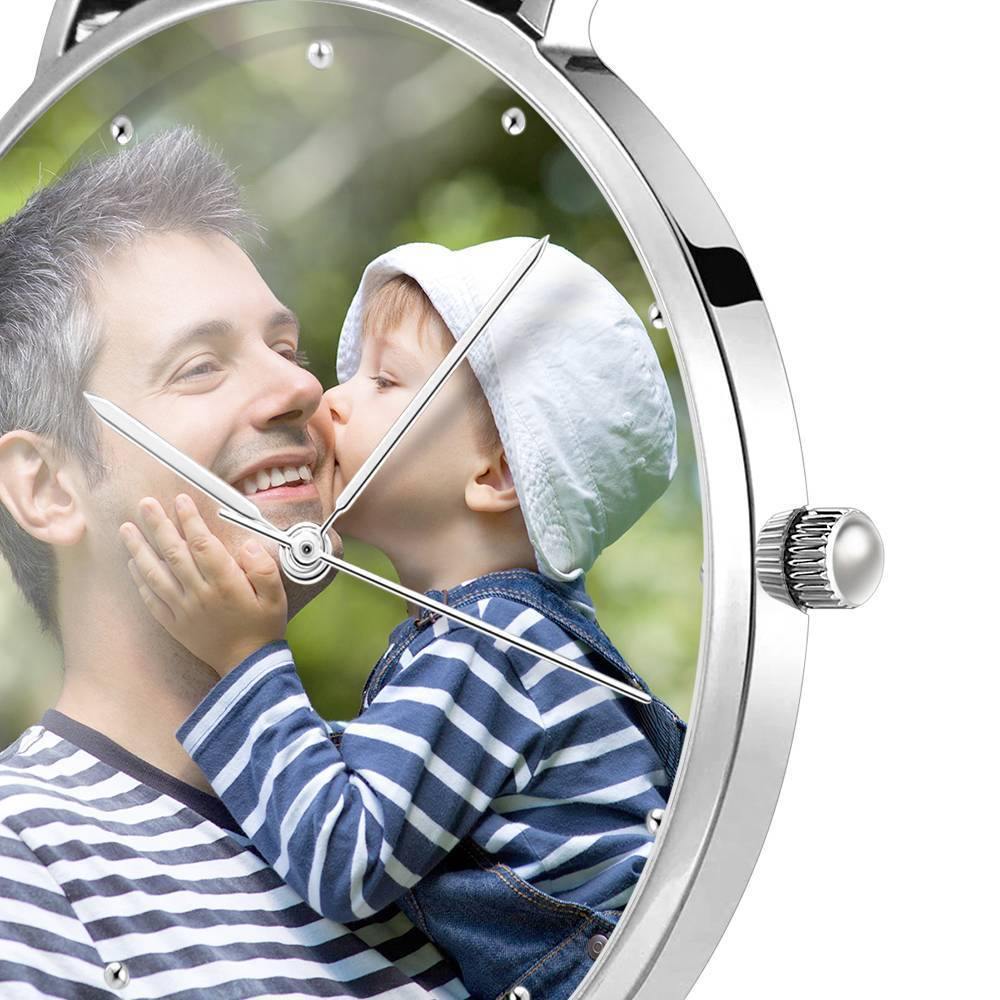 Personalised Engraved Watch, Photo Watch with Black Leather Strap