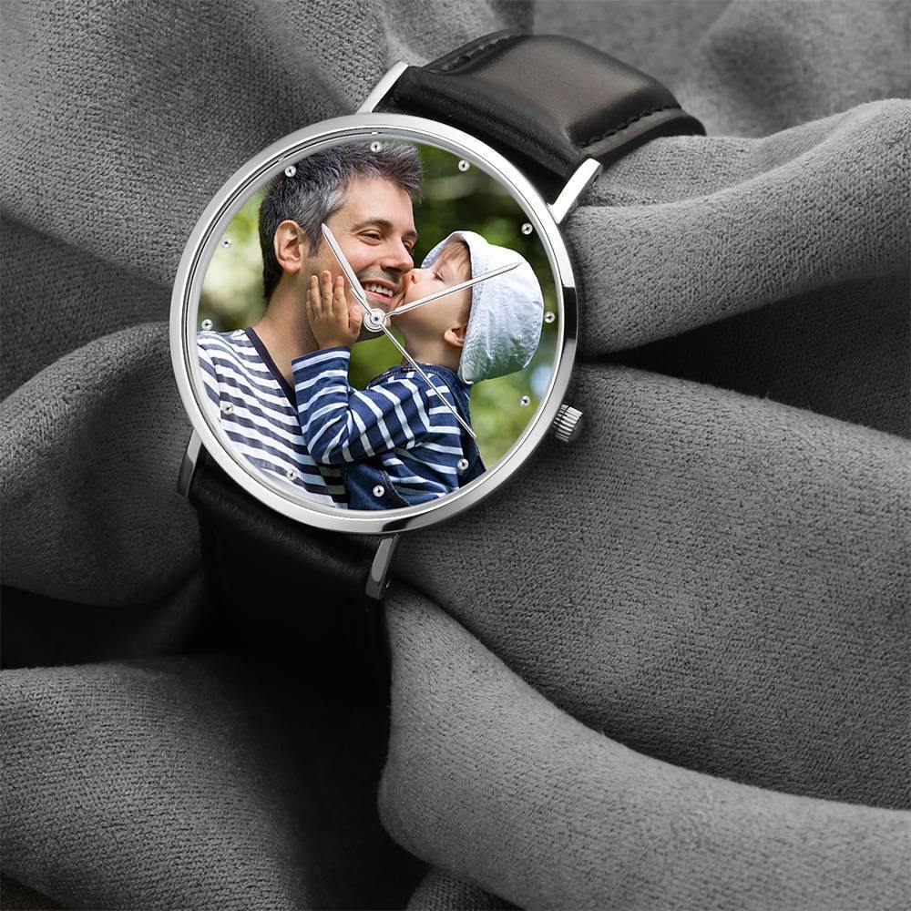 Personalised Engraved Watch, Photo Watch with Black Leather Strap