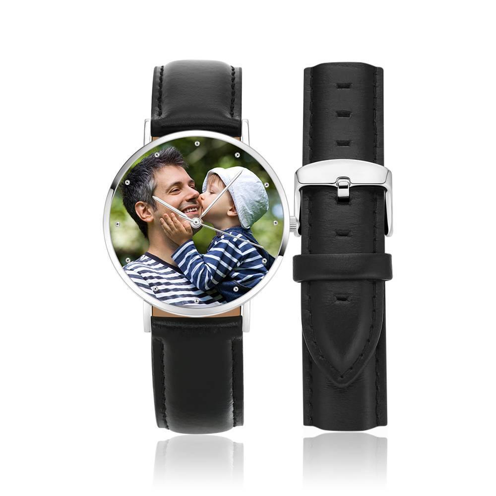 Personalised Engraved Watch, Photo Watch with Black Leather Strap