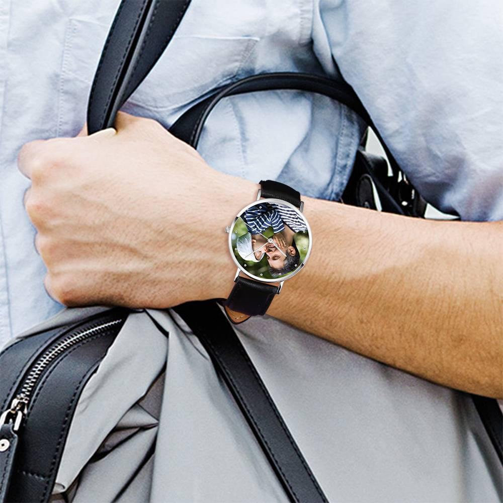 Personalised Engraved Watch, Photo Watch with Black Leather Strap