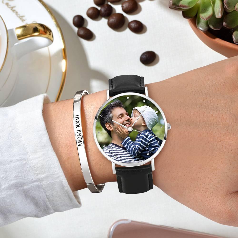 Personalised Engraved Watch, Photo Watch with Black Leather Strap