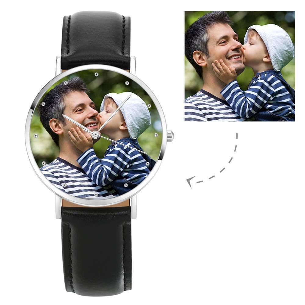 Personalised Engraved Watch, Photo Watch with Black Leather Strap