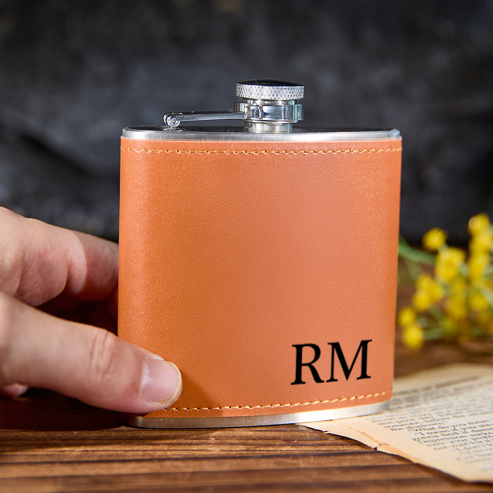 Personalized Men PU Leather Flask Stainless Steel 6oz Whiskey Flask Gift for Him
