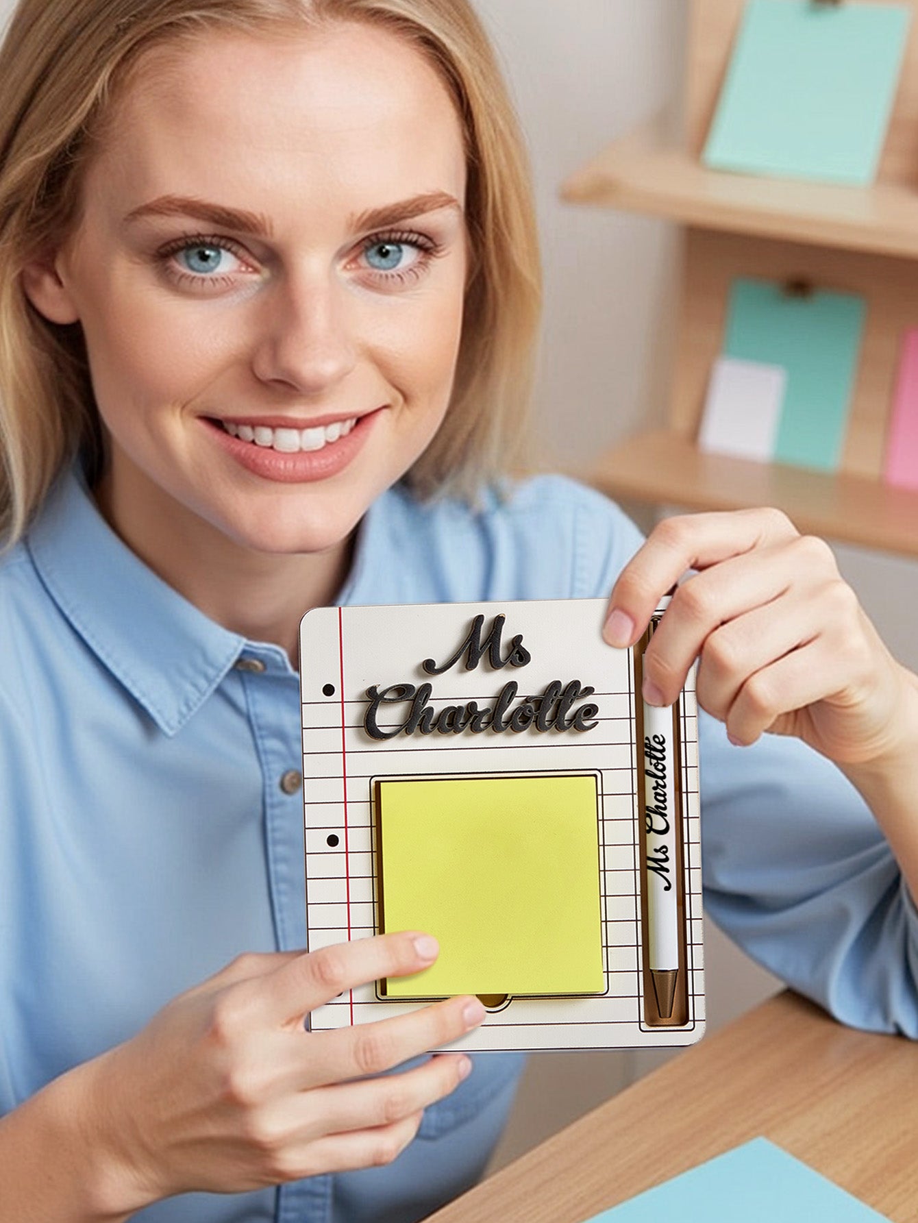 Personalised Name Sticky Note Wooden Holder with Pen Appreciation Gift for Teacher