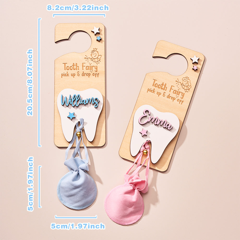 Personalised Tooth Fairy Door Hanger with Money Slot and Velvet Pouch