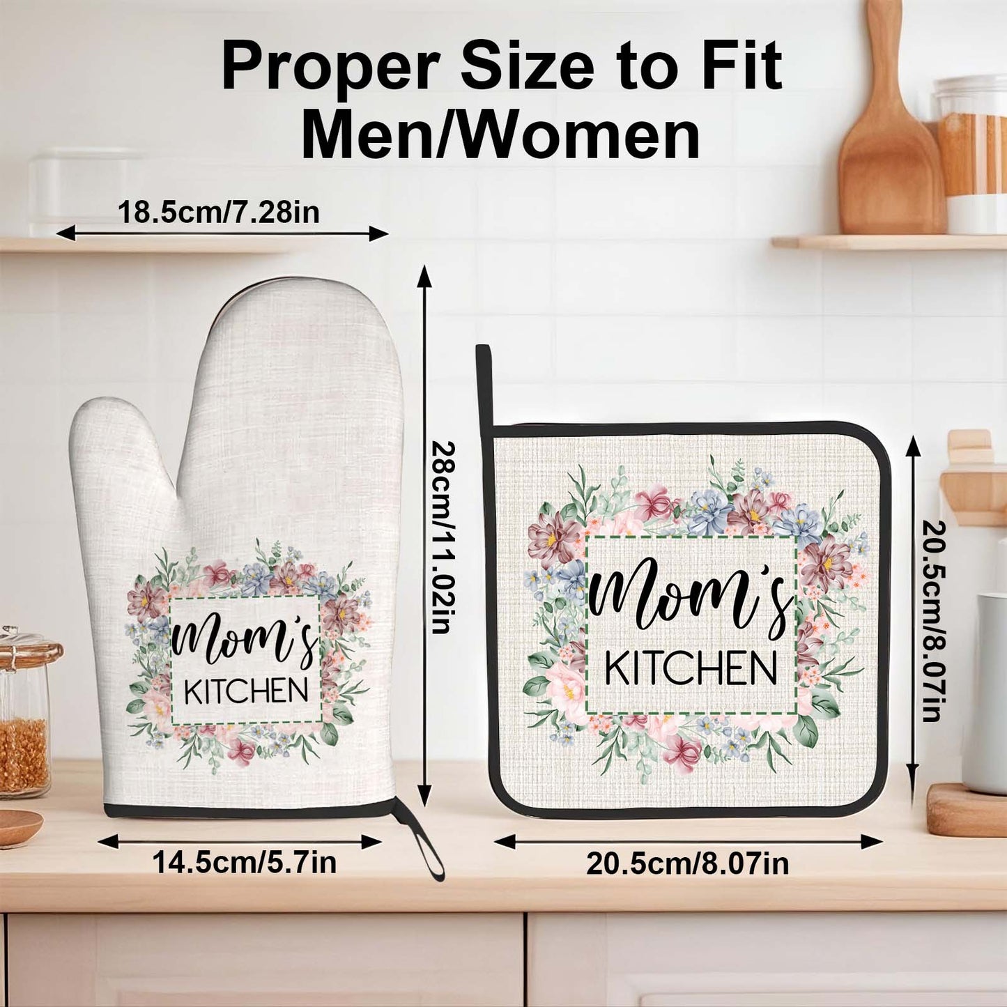 Personalised Flower Insulation Oven Mitt and Pot Holder Set with Text Kitchen Decor Gift for Mam
