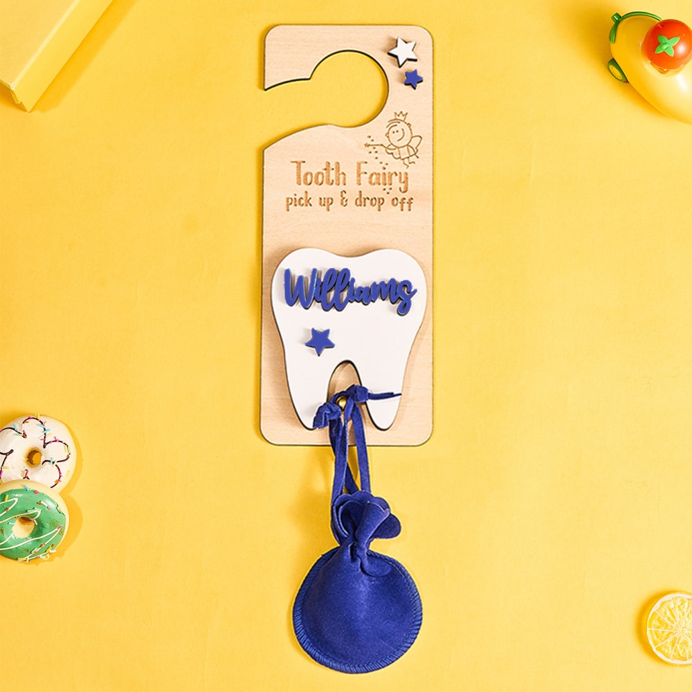 Personalised Tooth Fairy Door Hanger with Money Slot and Velvet Pouch