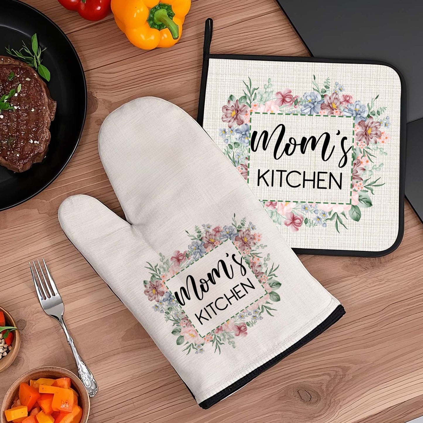 Personalised Flower Insulation Oven Mitt and Pot Holder Set with Text Kitchen Decor Gift for Mam
