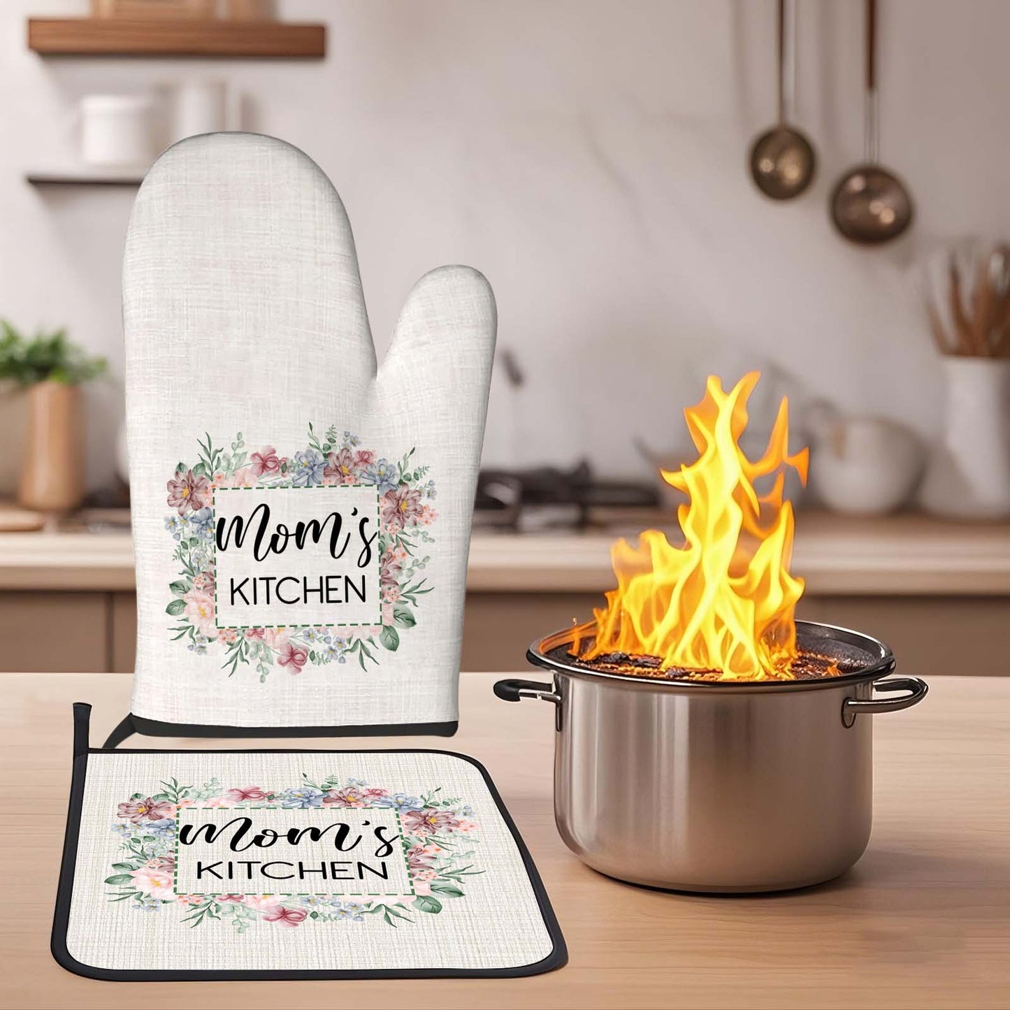 Personalised Flower Insulation Oven Mitt and Pot Holder Set with Text Kitchen Decor Gift for Mam
