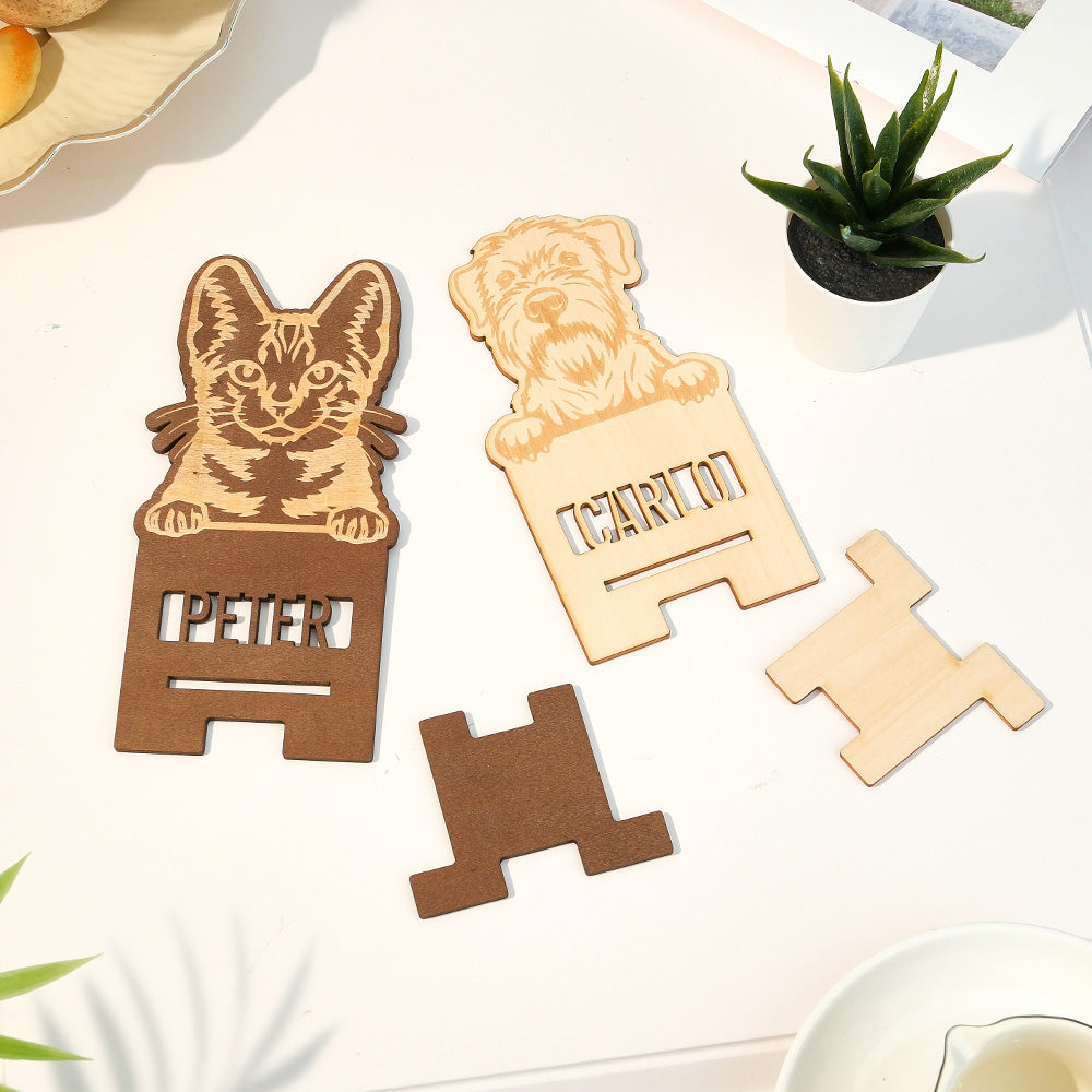 Personalised Engraved Pet Portrait Wooden Phone Stand Holder Gift for Pet Lovers