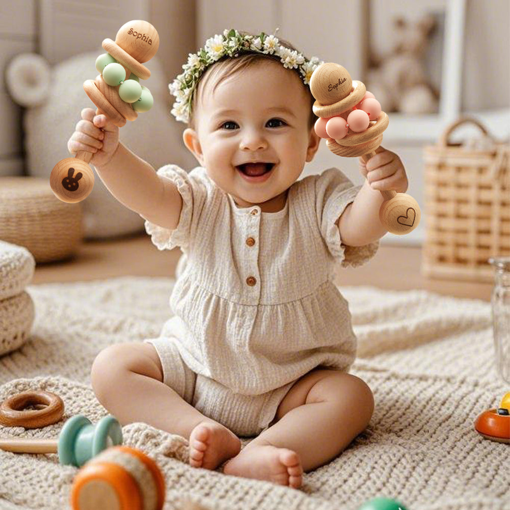 Personalised Wooden Baby Rattle with Engraved Name Toy Shower Birthday Gift for Baby
