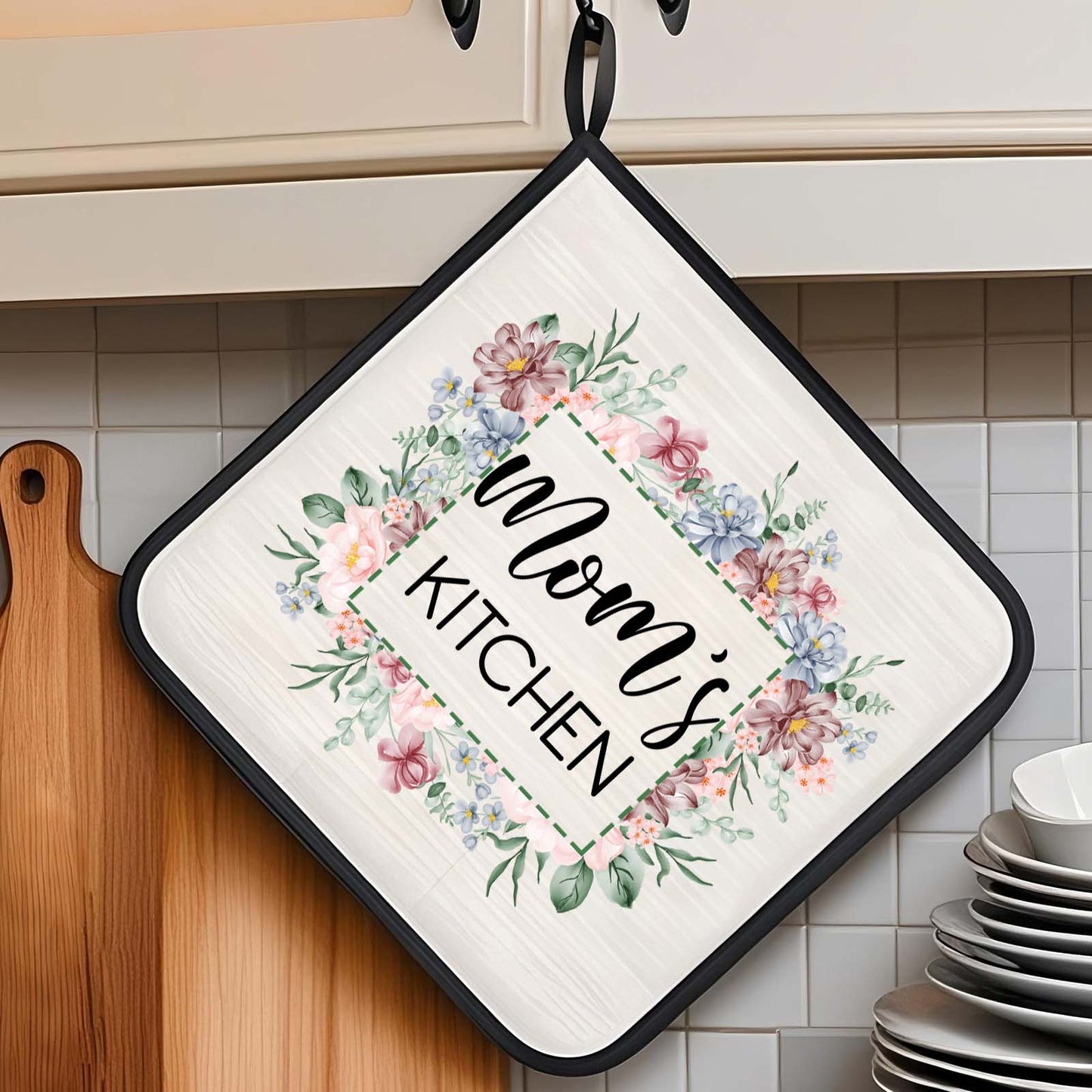 Personalised Flower Insulation Oven Mitt and Pot Holder Set with Text Kitchen Decor Gift for Mam