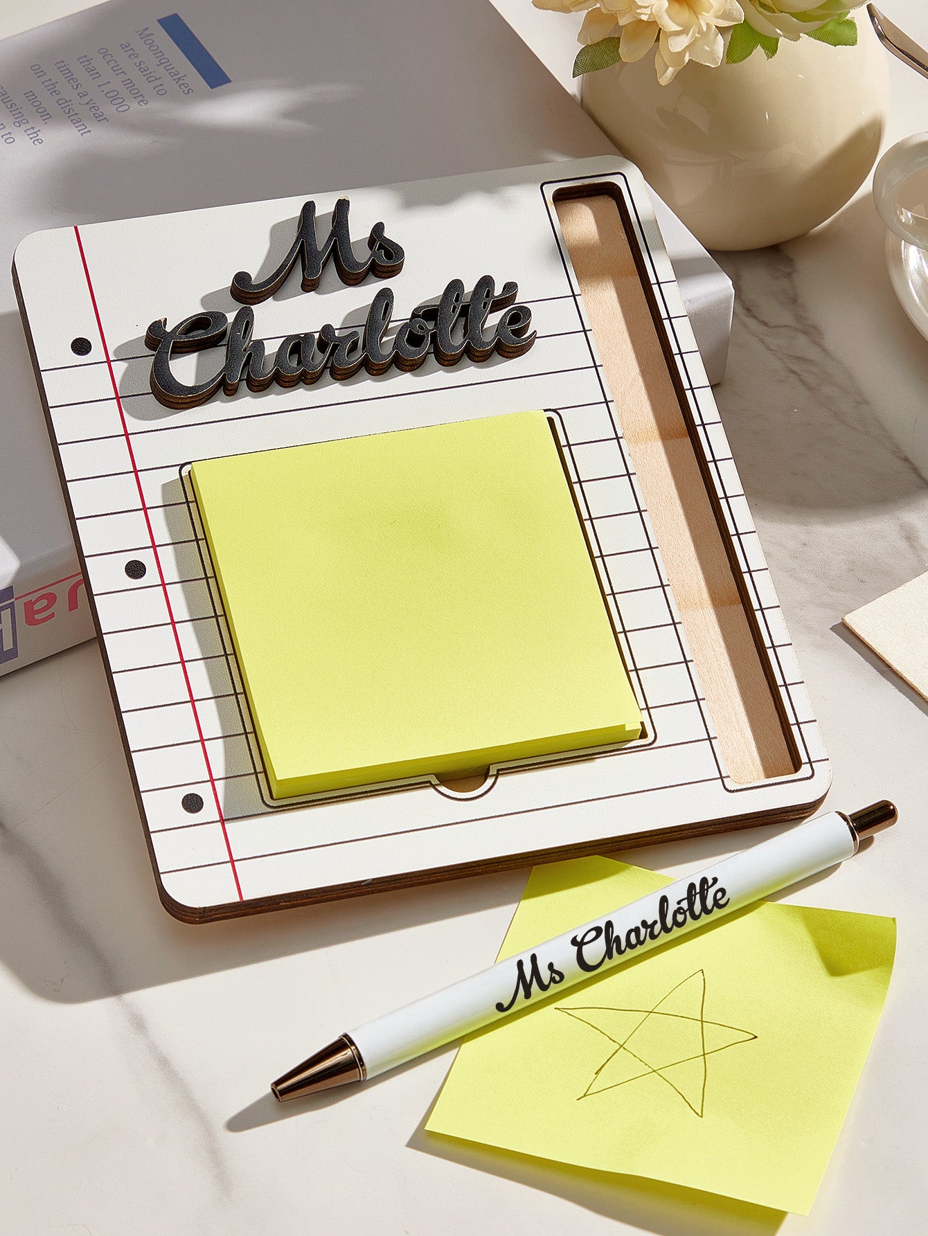 Personalised Name Sticky Note Wooden Holder with Pen Appreciation Gift for Teacher