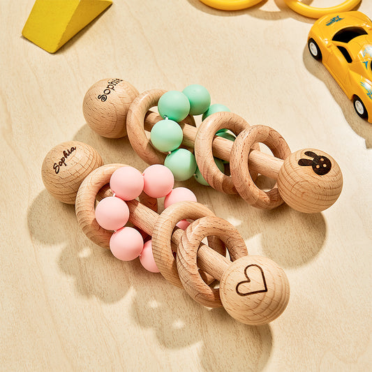 Personalised Wooden Baby Rattle with Engraved Name Toy Shower Birthday Gift for Baby