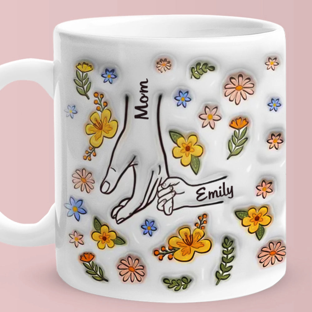 Personalised Names Engraved Hand in Hand Mug with Floral Mother's Day Gifts