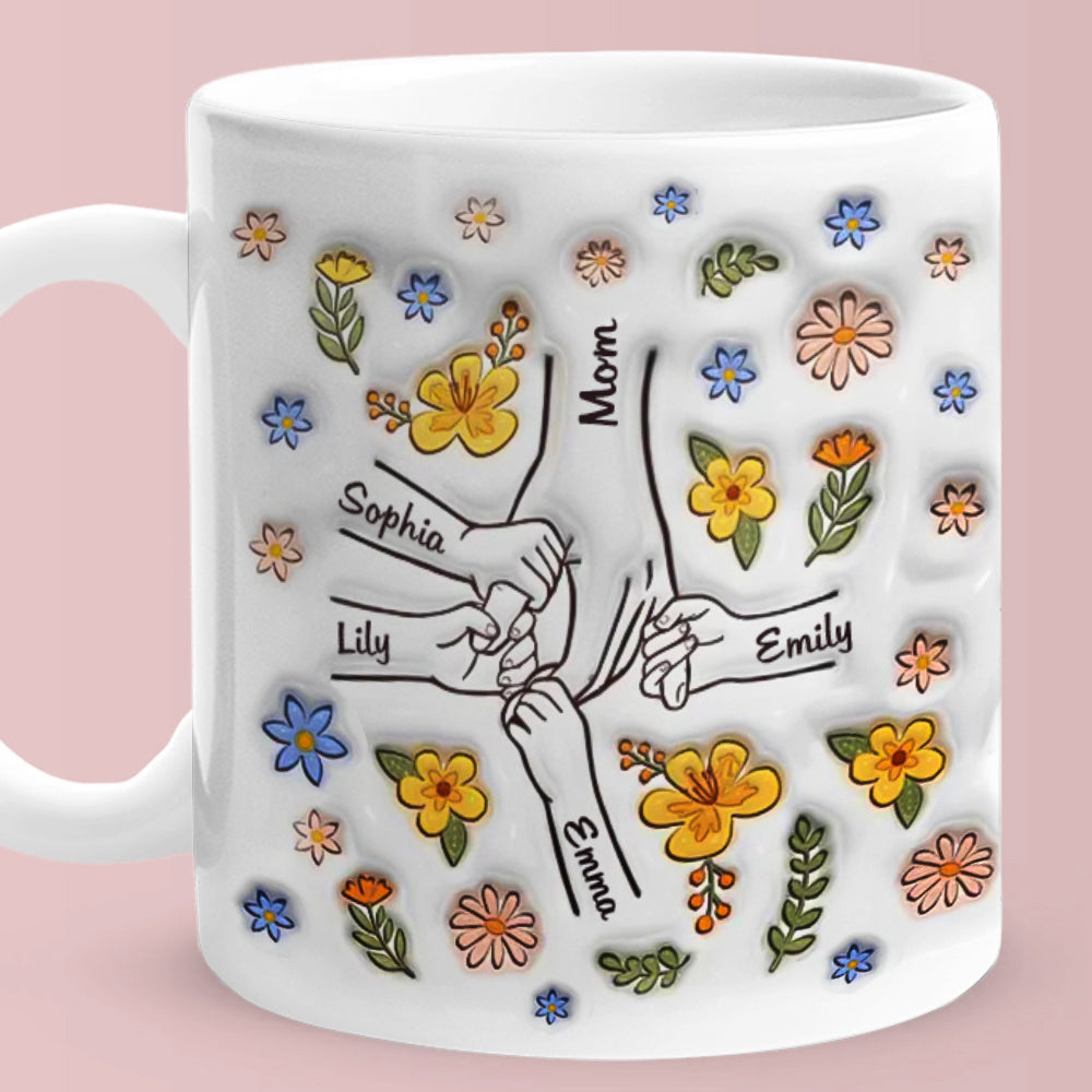 Personalised Names Engraved Hand in Hand Mug with Floral Mother's Day Gifts
